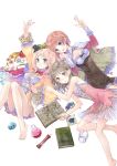  3girls :d absurdres atelier_(series) atelier_meruru atelier_rorona atelier_totori bare_legs bare_shoulders barefoot beaker blonde_hair bloomers blue_eyes blush book bow breasts brown_eyes brown_hair cape cleavage dress flat_chest flower food fruit highres kishida_mel long_hair looking_at_viewer lying medium_breasts merurulince_rede_arls multiple_girls official_art on_back on_side open_mouth outstretched_arm red_bow rororina_fryxell short_dress smile test_tube totooria_helmold underwear 