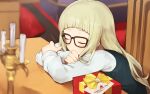  1girl aikatsu! aikatsu!_(series) bespectacled blonde_hair blurry box brown-framed_eyewear candle candlestand closed_eyes depth_of_field desk gift gift_box glasses highres hitoto idol indoors letter long_hair long_sleeves lying ribbon shirt sitting sleeping solo table toudou_yurika upper_body 