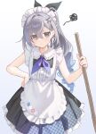  1girl apron black_ribbon broom commentary_request dress grey_eyes grey_hair hair_ornament hair_ribbon hairclip hand_on_own_hip highres holding holding_broom honkai:_star_rail honkai_(series) long_hair looking_at_viewer maid maid_apron maid_headdress multicolored_hair ponytail ribbon silver_wolf_(honkai:_star_rail) sleeveless sleeveless_dress solo squiggle streaked_hair yukiri_(l_ii) 