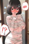  !? 1girl bandages black_hair blush breasts furaggu_(frag_0416) grey_eyes haguro_(kancolle) hair_ornament highres kantai_collection large_breasts naked_bandage navel nose_blush short_hair solo speech_bubble spoken_blush spoken_interrobang standing 