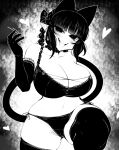  1girl animal_ears blunt_bangs bra braid breasts cat_ears cat_girl cat_tail cleavage commentary_request cross-laced_clothes curvy elbow_gloves extra_ears gloves greyscale haseru_(ginku_mh) heart huge_breasts kaenbyou_rin lingerie looking_at_viewer medium_hair monochrome multiple_tails nekomata open_mouth panties pointy_ears side_braids sidelocks smile solo tail tongue tongue_out touhou twin_braids two_tails underwear 