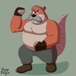  2023 anthro belly big_belly bottomwear brok_the_investigator clothing cricetid facial_hair gigizadragon hi_res humanoid_hands male mammal mature_male muskrat mustache overweight overweight_male pants rodent solo tramp_(brok_the_investigator) 