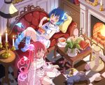  2girls bag ball blue_hair book bow breasts cake candelabra candle candlestand cat cat_teaser chips_(food) choker cleavage closed_eyes collarbone commentary_request couch cup cushion demon_horns demon_tail detached_sleeves dress eating fang fangs fire fireplace flower food frilled_dress frills from_above fur-trimmed_hood fur-trimmed_sleeves fur_trim glowing_tail gochuumon_wa_usagi_desu_ka? gradient_hair hair_flower hair_ornament highres holding hood hooded_dress horns indoors jouga_maya long_hair loose_socks loungewear lying mohei multicolored_hair multiple_girls natsu_megumi open_mouth picture_frame plant plate potato_chips potted_plant red_hair saucer scratching_post short_hair sidelocks sitting skin_fang sleeveless sleeveless_dress small_breasts socks solid_oval_eyes strawberry_shortcake striped striped_socks table tail tea teacup toy_mouse white_bow white_dress white_sleeves wood yellow_eyes 