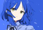  1girl black_ribbon blue_background blue_hair blue_theme bocchi_the_rock! close-up closed_mouth dot_nose expressionless mole mole_under_eye neck_ribbon portrait ribbon short_hair sidelocks simple_background solo take_shinobu yamada_ryou yellow_eyes 