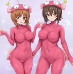  2girls ass_visible_through_thighs blush bodysuit breasts brown_eyes brown_hair covered_navel cowboy_shot girls_und_panzer highres looking_at_viewer multiple_girls nishizumi_maho nishizumi_miho open_mouth orange_hair r-binon red_bodysuit short_hair siblings sisters standing 