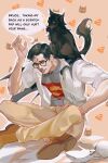  2boys absurdres animalization anthonykaen batman_(series) black_cat black_hair bodysuit brown_pants bruce_wayne cat clark_kent closed_eyes collared_shirt dc_comics english_text glasses grey_bodysuit highres indian_style male_focus multiple_boys open_clothes pants shirt short_hair sitting smile superman_(series) white_shirt 