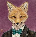  accessory anthro black_nose bow_tie canid canine clothing dipstick_ears formal formal_wear fox fur headshot_portrait hi_res icon male mammal multicolored_ears painting_(artwork) portrait purple_background realistic_fur red_fox simple_background solo suit_jacket traditional_media_(artwork) whiskers white_body white_fur yellow_eyes 