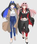  2girls belt black_coat black_gloves black_pants black_shirt blue_eyes blue_hair blue_pants blunt_bangs breasts brown_coat buttons cleavage coat collared_shirt colored_inner_hair cropped_shirt cup denim dress_shirt drinking_glass eyewear_on_head gloves hair_intakes high-waist_pants high_heels highres hip_bones hololive hololive_english jeans large_breasts long_hair long_sleeves looking_to_the_side midriff mori_calliope multicolored_hair multiple_girls navel official_alternate_costume open_clothes open_coat open_mouth ouro_kronii ouro_kronii_(3rd_costume) pants pink_eyes pink_hair q_(hololive) set7 shirt shoes simple_background smile sunglasses teeth trench_coat turtleneck two-tone_hair two_side_up virtual_youtuber white_belt white_footwear white_shirt 