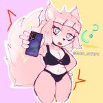  &lt;3 &lt;3_eyes anthro big_breasts big_tail blue_eyes bra breasts canid canine cleavage clothed clothing eyelashes female fox fur hair hand_on_hip hi_res holding_object holding_phone mammal mawstrife multicolored_eyes navel open_mouth panties phone pink_background pink_body pink_eyes pink_fur pink_hair purple_bra purple_clothing purple_panties purple_underwear question_mark simple_background solo tail thick_thighs two_tone_eyes underwear wide_hips yellow_background 