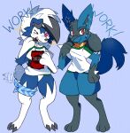  ambiguous_gender anthro blush bottomless clothed clothing digitigrade duo english_text featureless_crotch female_(lore) fiddleafox generation_4_pokemon generation_7_pokemon hi_res lucario lycanroc midnight_lycanroc moro_(fiddleafox) nintendo one_eye_closed pokemon pokemon_(species) shirt shirt_only simple_background standing tail tail_motion tailwag text topwear topwear_only 