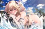  1girl absurdres anchorage_(azur_lane) anchorage_(dolphins_and_swim_lessons)_(azur_lane) ass azur_lane bare_shoulders bikini blush breasts cellphone hair_between_eyes hair_ribbon highres inflatable_orca inflatable_toy large_breasts light_brown_hair long_hair loob looking_at_viewer official_alternate_costume outdoors palm_tree phone ribbon see-through see-through_sleeves smartphone soles surfing swimsuit thighhighs thighs tree twintails very_long_hair white_bikini white_thighhighs 