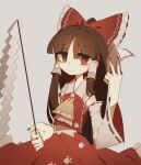  1girl absurdres ascot bow brown_hair closed_mouth commentary detached_sleeves gohei grey_background hair_bow hair_tubes hakurei_reimu hidden_star_in_four_seasons highres holding long_hair looking_at_viewer nail_polish paw_print pinkish_scarlet red_bow red_eyes red_shirt red_skirt ribbon-trimmed_sleeves ribbon_trim shide shirt sidelocks simple_background skirt smile solo symbol-only_commentary touhou yellow_ascot 