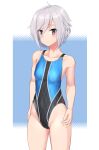  1girl absurdres ahoge black_one-piece_swimsuit blue_background breasts commentary_request competition_swimsuit cowboy_shot grey_hair hair_between_eyes highres itomi_sayaka multicolored_clothes multicolored_swimsuit one-piece_swimsuit purple_eyes short_hair small_breasts solo standing swimsuit takafumi toji_no_miko two-tone_background variant_set yagasuri 