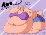  2018 3_toes 4:3 5_fingers anthro batspid2 big_breasts bottomwear breasts cel_shading clothing crop_top cutoffs denim denim_clothing dialogue digital_drawing_(artwork) digital_media_(artwork) emanata english_text exclamation eyebrows eyelashes feet female fingers flabby_arms flash_emanata follower_number frill_(anatomy) head_crest head_frill huge_belly huge_thighs juna_(batspid2) lizard membrane_(anatomy) membranous_frill morbidly_obese morbidly_obese_anthro morbidly_obese_female navel obese obese_anthro obese_female overweight overweight_anthro overweight_female pink_body pink_skin reptile scalie shaded shirt shorts signature solo tail text thick_thighs toes topwear wide_hips 