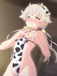 1girl animal_ears animal_print bare_shoulders bell blonde_hair blue_archive blush breasts brown_eyes collar collarbone cow_ears cow_girl cow_horns cow_print cowbell embarrassed fake_animal_ears fake_horns flat_chest hair_ornament heart-shaped_boob_challenge hifumi_(blue_archive) highres horns kyousuke_(orcein) long_hair looking_at_viewer low_twintails navel neck_bell nipples nose_blush print_swimsuit small_breasts smile solo sweat swimsuit tail twintails yellow_eyes 