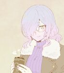  1girl artist_request blush breasts cerejeira_elron coffee fate/grand_order fate_(series) green_eyes hair_over_one_eye holding large_breasts long_hair looking_down multicolored_hair ponytail purple_lips round_eyewear smile sweater 