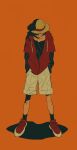  1boy black_shirt black_socks casual closed_mouth collarbone covered_eyes full_body hands_in_pockets hat hood hooded_jacket jacket long_sleeves male_focus monkey_d._luffy numata_(oioioioiai) one_piece open_clothes open_jacket orange_background red_footwear red_jacket scar scar_on_cheek scar_on_face shirt shoes short_sleeves shorts smile sneakers socks solo standing straw_hat yellow_headwear 