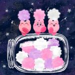  candy closed_eyes closed_mouth food food_focus happy highres holding holding_candy holding_food jar kirby kirby_(series) konpeitou miclot music night night_sky no_humans open_mouth singing sky smile star_(symbol) 