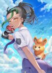  1girl artist_name black_gloves black_hair blue_sky brown_eyes dark-skinned_female dark_skin elbow_gloves fingerless_gloves freckles from_side gloves green_hair hair_pulled_back holding holding_poke_ball looking_at_viewer multicolored_hair natsume_koji necktie nemona_(pokemon) parted_lips pawmi poke_ball pokemon pokemon_(creature) pokemon_(game) pokemon_sv ponytail purple_necktie purple_shorts red_gloves school_uniform shirt short_sleeves shorts signature single_elbow_glove sky smile streaked_hair two-tone_gloves uva_academy_(emblem) uva_academy_school_uniform white_shirt 