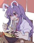  1girl absurdres animal_ears blush chopsticks collared_shirt eating food hair_between_eyes highres holding holding_chopsticks kame_(kamepan44231) long_hair noodles puffy_short_sleeves puffy_sleeves purple_hair rabbit_ears red_eyes reisen_udongein_inaba shirt short_sleeves simple_background sitting solo tempura touhou udon upper_body white_background white_shirt 