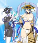  2girls armor artist_name ass black_bodysuit black_thighhighs blue_eyes bodysuit breasts cleavage cloud cloudy_sky commentary_request duel_monster fleurdelis_(yu-gi-oh!) full_body grey_hair hand_on_own_hip hat highres large_breasts long_hair looking_at_viewer multiple_girls navel sky swimsuit swimsuit_under_panties swordsoul_of_mo_ye the_iris_swordsoul thighhighs thighs thtian_(nulong233) very_long_hair white_hair yu-gi-oh! 
