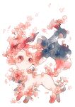  closed_mouth falling_petals flower from_side highres leafeon looking_up no_humans oharu-chan petals pink_flower pokemon pokemon_(creature) smile solo white_background 