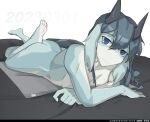  2023 4_toes 5_fingers anthro bedding blanket blue_body blue_eyes blue_fur blue_hair breasts butt dragon feet female fingers fur grabbing_sheets hair hi_res horn looking_at_viewer lying mbf-p02 nude on_front simple_background solo toes towel water water_drop wet white_body white_fur 