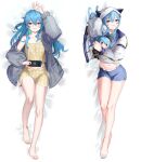  1girl alternate_costume arm_up bare_legs barefoot blue_eyes blue_hair blue_nails blue_shirt blue_shorts breasts character_doll closed_mouth collarbone dakimakura_(medium) eredhen feet from_above from_side full_body glasses grey_jacket hair_between_eyes hand_up highres holding hololive hood hood_up hoshimachi_suisei jacket legs long_hair long_sleeves looking_at_viewer lying midriff multiple_views nail_polish navel nintendo_switch off_shoulder on_back on_side orange_nails puffy_sleeves shiny_skin shirt shorts side_ponytail sidelocks small_breasts smile star_(symbol) star_print tank_top thighs toenail_polish toenails toes yellow_shorts yellow_tank_top 