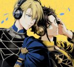  2boys black_hair blonde_hair blue_eyes claude_von_riegan dark-skinned_male dark_skin dimitri_alexandre_blaiddyd fire_emblem fire_emblem:_three_houses fire_emblem_heroes garreg_mach_monastery_uniform green_eyes headphones looking_at_viewer multiple_boys musical_note one_eye_closed saku_(soreca49) 