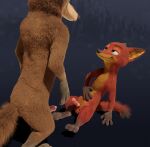  3d_(artwork) animal_genitalia animal_penis anthro balls black_nose blender_(software) brown_body brown_fur canid canine canine_genitalia canine_penis canis claws digital_media_(artwork) disney duo fluffy fluffy_tail fox fur genitals gloves_(marking) half-closed_eyes hand_on_stomach high-angle_view knot male male/male mammal markings narrowed_eyes nick_wilde nude orange_body orange_fur penis rear_view red_fox rockyrcoon simple_background sitting size_difference tail wolf zootopia 