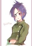  1girl chrome_dokuro eyepatch katekyo_hitman_reborn! looking_at_viewer nagi_099 navel open_mouth purple_eyes purple_hair school_uniform short_hair simple_background solo white_background 