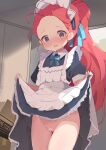  1girl @_@ absurdres applemint blue_archive blue_eyes blush cleft_of_venus clothes_lift dress dress_lift groin highres lifted_by_self long_hair maid ponytail pussy red_hair thighs yuzu_(blue_archive) 