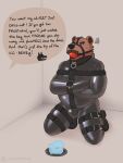  3:4 absurd_res alebehemut anthro ball_gag bdsm bear bondage boots bound chain chained clothing collar dialogue english_text footwear gag harness hi_res ice kneeling latex leather lock male mammal padlock restraints rubber rubber_clothing rubber_suit solo speech_bubble straitjacket straps text 