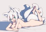  1girl absurdres animal_ear_fluff animal_ears ass bandaid bandaid_on_face breasts completely_nude elbow_rest feet fox_ears fox_girl fox_tail fukutchi green_eyes grey_background hair_between_eyes highres large_breasts long_hair looking_at_viewer lying nude on_bed on_stomach open_mouth original ponytail smile solo tail the_pose white_hair 
