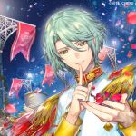  1boy aiguillette aqua_hair arch banner buttons cape colored_eyelashes copyright diamond_button double-breasted epaulettes falling_petals finger_to_mouth floral_arch floral_print hair_between_eyes holding holding_petal ikemen_revolution index_finger_raised jacket jonah_clemence lamppost looking_at_viewer male_focus mole mole_under_eye night parted_lips petals red_cape rose_petals rose_print short_hair sky smile solo star_(sky) starry_sky swept_bangs tcb upper_body white_jacket yellow_eyes 