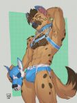  abs anthro armpit_hair body_hair bulge clothing ear_piercing ear_stud hand_behind_head hi_res holding_mask hyena lion21 looking_at_viewer male mammal mikah_(mikah_the_yeen) muscular piercing simple_background slim solo underwear 