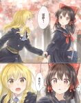  2girls alternate_costume ascot bag black_hair blonde_hair blue_ascot blue_serafuku bow braid brown_eyes commentary_request contemporary hair_bow hair_ribbon hakurei_reimu highres holding_another&#039;s_wrist kirisame_marisa long_sleeves multiple_girls neckerchief open_mouth outdoors red_bow red_neckerchief reimu_tyuki ribbon school_bag school_uniform serafuku side_braid single_braid touhou translation_request tree yellow_eyes 