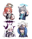  4girls absurdres animal_ears arms_up binoculars bird black_hair blue_archive blunt_bangs braid chibi coat crying fang grey_hair hair_between_eyes hair_ornament hairclip halo highres hina_(blue_archive) horns jacket leaf leaf_on_head long_hair long_sleeves maid_headdress mismatched_pupils miyu_(blue_archive) mole mole_under_eye multiple_girls multiple_horns neru_(blue_archive) open_mouth sailor_collar scarf school_uniform serafuku shiroko_(blue_archive) shirt side_braid simple_background tears thumbs_up white_background white_hair white_shirt yoon_cook 