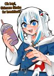  1girl absurdres animal_hood blue_eyes blue_hair cup disposable_cup drinking_straw english_text gawr_gura gawr_gura_(1st_costume) grey_hair grimace_shake_(meme) highres holding holding_cup hololive hololive_english hood koizumi_arata looking_at_viewer meme milkshake multicolored_hair open_mouth purple_liquid shark_girl shark_hood shark_print sharp_teeth simple_background solo streaked_hair teeth virtual_youtuber 