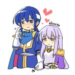 1boy 1girl blue_cape blue_eyes blue_hair blush brother_and_sister cape circlet dress embarrassed fire_emblem fire_emblem:_genealogy_of_the_holy_war headband holding_hands julia_(fire_emblem) long_hair ponytail purple_cape purple_eyes purple_hair seliph_(fire_emblem) siblings simple_background white_headband yukia_(firstaid0) 