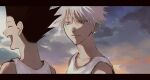  2boys bare_shoulders black_hair blue_eyes cloud cloudy_sky collarbone gon_freecss highres hunter_x_hunter killua_zoldyck looking_at_another male_child male_focus multiple_boys outdoors profile ra_yu shirt short_hair sky sleeveless smile spiked_hair upper_body white_hair white_shirt 