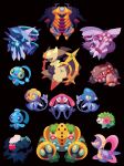  6+others absurdres arceus azelf black_background black_sclera blue_eyes blue_sclera bright_pupils chest_jewel chibi claws closed_eyes colored_sclera cresselia darkrai dialga dragon fangs flower forehead_jewel giratina giratina_(altered) gracidea green_eyes green_sclera heatran highres looking_at_viewer manaphy mesprit multiple_others no_humans open_mouth palkia phione pink_flower pink_sclera pokemon pokemon_(creature) pokemon_(game) pokemon_dppt reaching reaching_towards_viewer red_eyes regigigas shaymin shaymin_(land) shichi_(7cube_ori) simple_background smile spikes uxie white_pupils yellow_eyes 