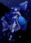  1girl absurdres air_bubble bare_legs bare_shoulders blue_eyes blue_hair braid bubble coelacanth_(kemono_friends) collarbone dark_blue_hair fins fish_girl fish_tail freediving full_body glowing glowing_eyes hairband head_fins headband highres holding holding_polearm holding_shield holding_weapon kawanami_eito kemono_friends kemono_friends_3 long_hair looking_at_viewer midriff parted_lips polearm sandals shield side_braid skirt solo stomach strapless submerged tail toes twin_braids underwater very_long_hair weapon 