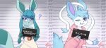  ambiguous_gender anthro biped blue_body blush clothed clothing duo eeveelution english_text generation_4_pokemon generation_6_pokemon glaceon nintendo one_eye_closed pokemon pokemon_(species) purple_eyes question_mark shiny_pokemon smile smiling_at_viewer sylveon text toxicmilkyx white_body 