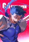  1boy armor blue_hair character_name cu_chulainn_(fate) cu_chulainn_(fate/stay_night) earrings english_text evil_grin evil_smile fangs fate/stay_night fate_(series) gae_bolg_(fate) grin highres jewelry long_hair looking_at_viewer male_focus pauldrons ponytail red_eyes shoulder_armor smile solo tobu_0w0 