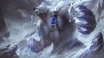  1boy 1other 24a_(ershisiai) absurdres bear_boy claws cloud fangs furry furry_male gem giant grey_sky highres league_of_legends mountain no_pupils outdoors runes sharp_teeth sky snowing solo standing teeth thunder volibear 