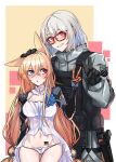  2girls absurdres animal_ears ass_visible_through_thighs babydoll barcode barcode_tattoo black_gloves blue_eyes blue_flower braid breasts collarbone commentary_request commission dog_ears dogs_(dlrkdejr26) female_commander_(girls&#039;_frontline) flower g41_(girls&#039;_frontline) girls&#039;_frontline glasses gloves griffin_&amp;_kryuger gun hair_between_eyes hand_on_another&#039;s_head handgun hands_up hazmat_suit heterochromia highres holster korean_commentary long_hair looking_at_another looking_at_viewer low_twintails mechanical_arms medium_breasts medium_hair multiple_girls navel panties plate_carrier pouch red-framed_eyewear red_eyes see-through smile stomach tattoo thigh_holster twintails underwear upper_body v very_long_hair weapon white_babydoll white_hair white_panties 
