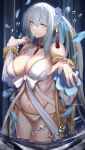  1girl absurdres bare_shoulders bikini blue_eyes braid breasts cleavage detached_sleeves fate/grand_order fate_(series) flower french_braid gold_trim grin hair_flower hair_ornament hair_ribbon highres hirasawa_seiji jewelry large_breasts long_hair long_skirt long_sleeves looking_at_viewer morgan_le_fay_(fate) morgan_le_fay_(water_princess)_(fate) navel ponytail puffy_long_sleeves puffy_sleeves ribbon ring sidelocks skirt smile solo stomach_tattoo swimsuit tattoo thighlet thighs very_long_hair wading water white_bikini white_hair white_skirt 