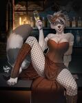  alcohol anthro ariannafray_pr bar beverage breasts champagne champagne_glass cleavage clothed clothing detailed_background dress female fishnet_leggings fluffy fluffy_tail footwear fur grey_body grey_fur hi_res inside looking_at_viewer mammal markings open_mouth procyonid raccoon robin_raccoon solo steampunk_goggles striped_markings striped_tail stripes tail tail_markings toeless_footwear 