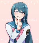  1girl blue_eyes blush bow bowtie character_name danganronpa:_trigger_happy_havoc danganronpa_(series) finger_to_mouth green_hair green_sailor_collar grey_shirt grin index_finger_raised long_hair long_sleeves maizono_sayaka pink_background pink_bow pink_bowtie sailor_collar school_uniform shimada_(dmisx) shirt smile solo teeth upper_body 